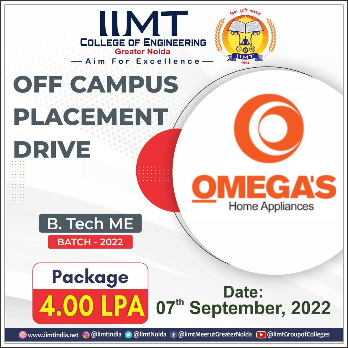 iimtnoida's tweet photo. IIMT College of Engineering, Greater Noida organizing Off campus Placement drive for https://t.co/M7GEt5OgtU - ME students of Batch -2022  on 7th September 2022.
Company: OMEGA'S
Package: 4.00 LPA
.
https://t.co/UOh7RIbr6l
Call Us: 9520886860
.
#CampusPlacement #Btechplacement https://t.co/bP5xcoz2uK