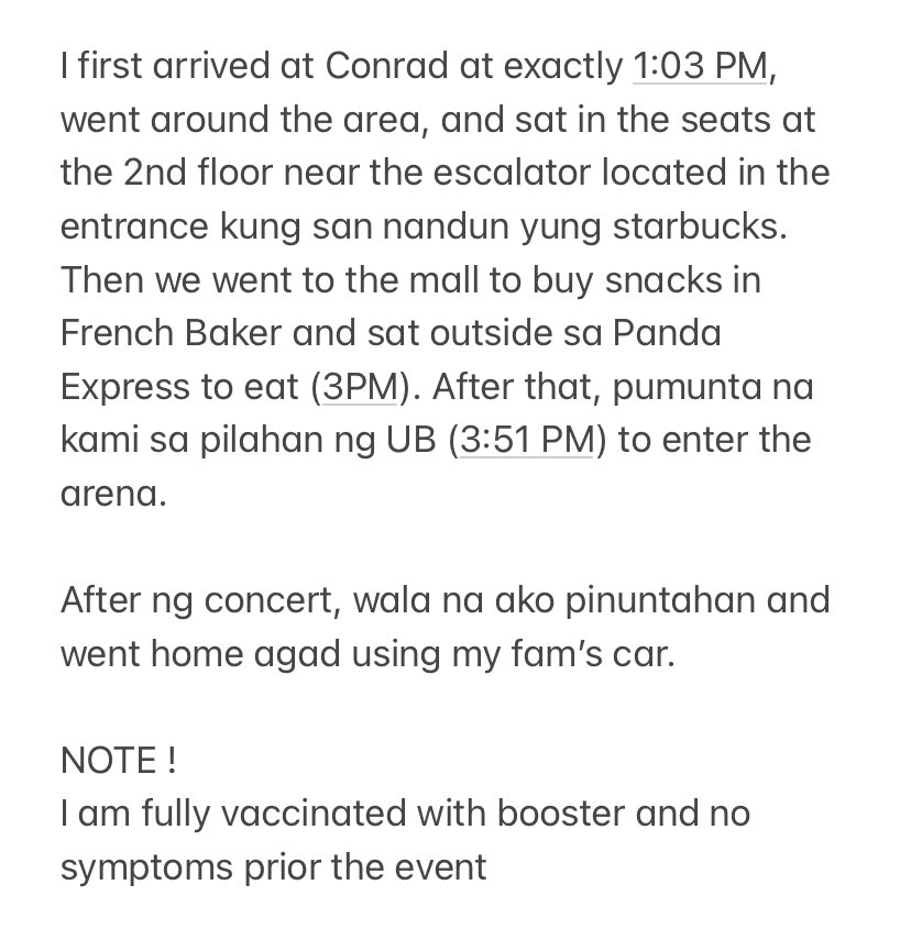 hello! i got tested positive in antigen test and planning to get RT-PCR test tomorrow. i will update as soon as i get my results

seat: UB 405 E-11

my symptoms as of 1:30 PM today: sore throat, tiredness, headache, and cough

#NCT127inManila
#THELINKTourManila