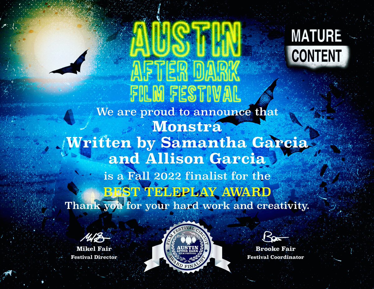 GarciaSisters_'s tweet image. Great news 🗞 from the team at AUSTIN AFTER DARK FILM FESTIVAL @mikelfair - MONSTRA is a finalist! What an honour! 🤩 Thank you 🙏
#finalist #horrorscript
#screenplay #screenwriter #horrorpilotseries #monstra #filmfestival #austinafterdarkfilmfestival #filmfestivalcircuit