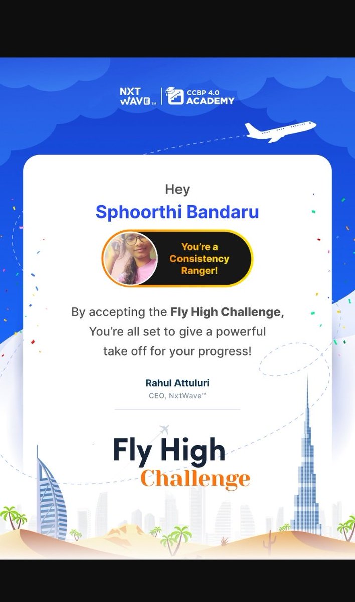 sphoorthibandar's tweet photo. Accepting the FlyHighChallenge
#nxtwave_ccbp @rahulattuluri https://t.co/dfgnhYSz30