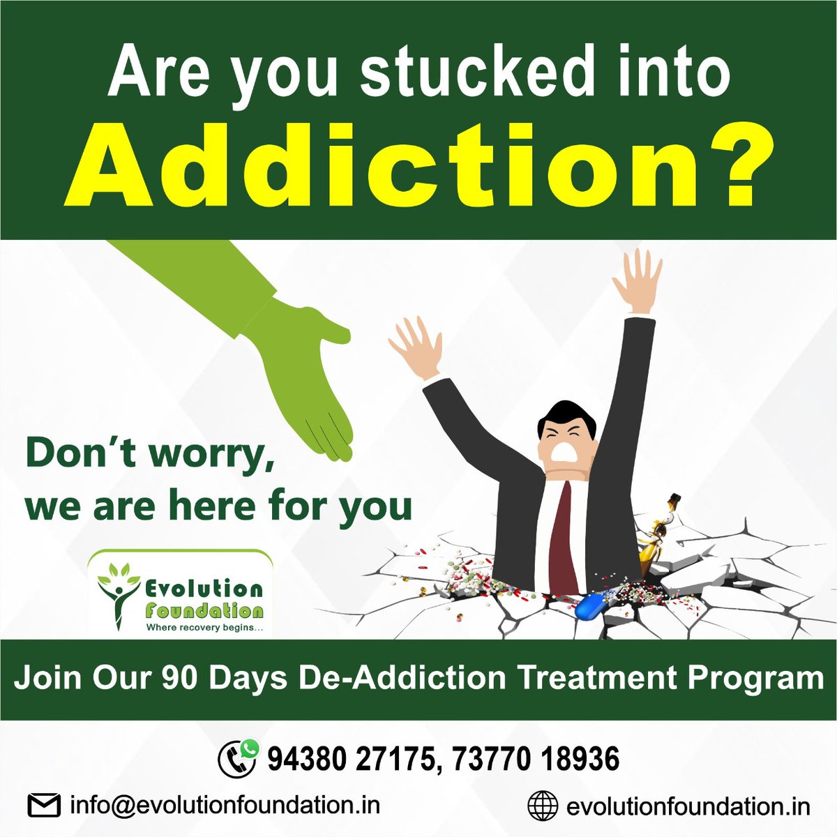 EvolutionFound2's tweet photo. Stucked with #Alcohol / #Drug_Addiction?

Don't Worry! 

We will hold your Hand &amp; Pull you Out of Addiction Trap.

Dial our Helpline No. Today!

✆ +91 9438027175 / 7377018936
🌐 https://t.co/SH61qCJTVi

#EvolutionFoundation #deaddiction #MentalHealthAwareness #rehabilitation https://t.co/oi6rppICit