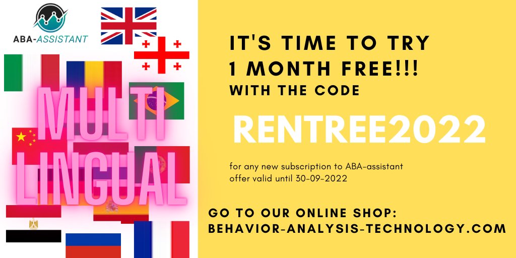 BATechnologyABA's tweet photo. ABA-assistant is a European ABA data platform,
French, English, Arabic, Spanish, Italian, Chinese, Portuguese, Russian, Deutsch, Dutch, Brazilian, Georgian, Roumanian, Hungarian!
One month free with the code "RENTREE2022" at our online store: https://t.co/zTdFULvZoU https://t.co/gSvVjsmWpw