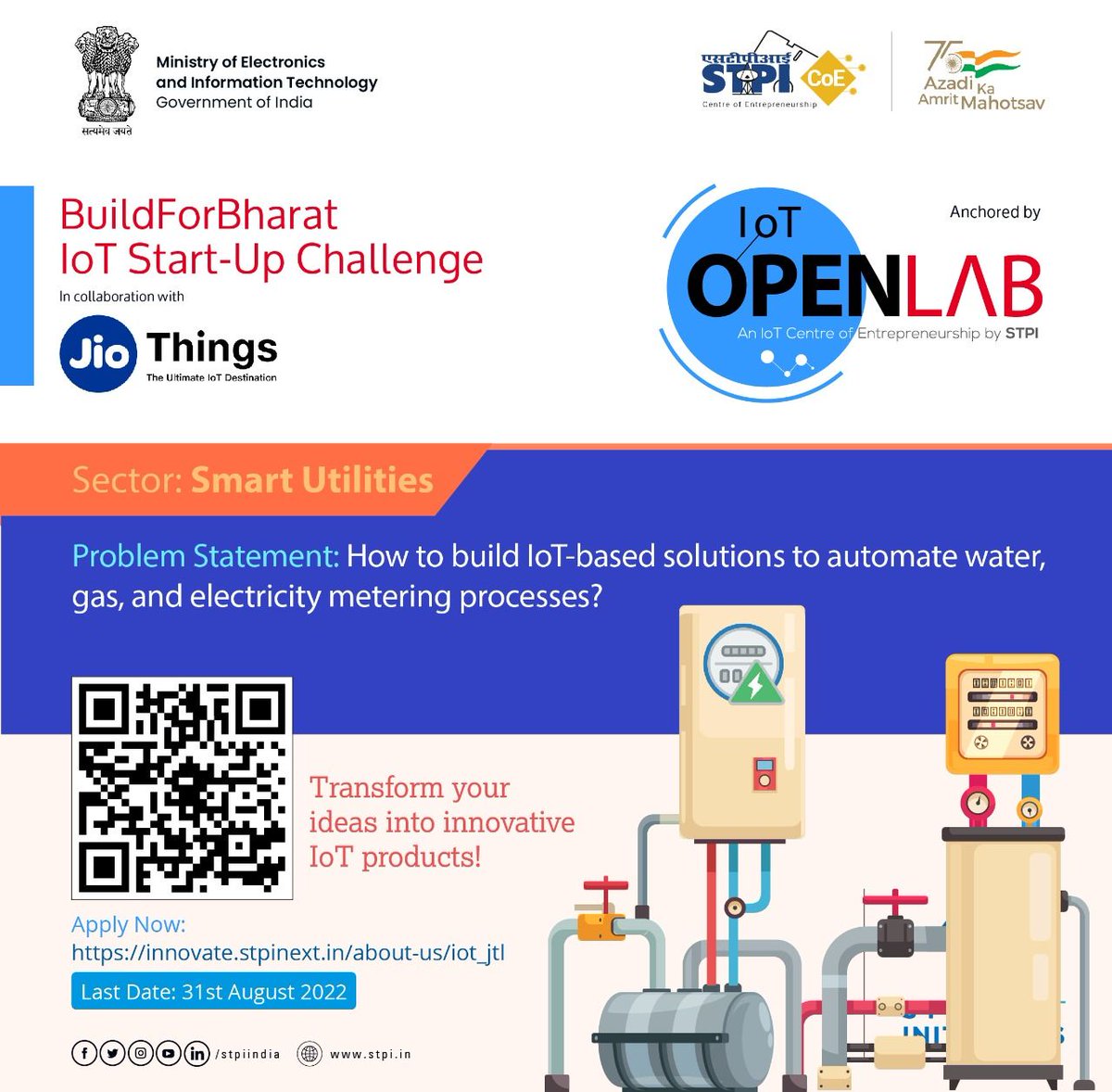 Join #BuildForBharat #IoTStartUpChallenge to build #IoT-based smart utility solutions to automate water, gas, and electricity metering processes.

Apply now: lnkd.in/dzeQdjKm

#STPICoES #STPIINDIA #startupindia #startups
#startup #iotcommunity #innovation