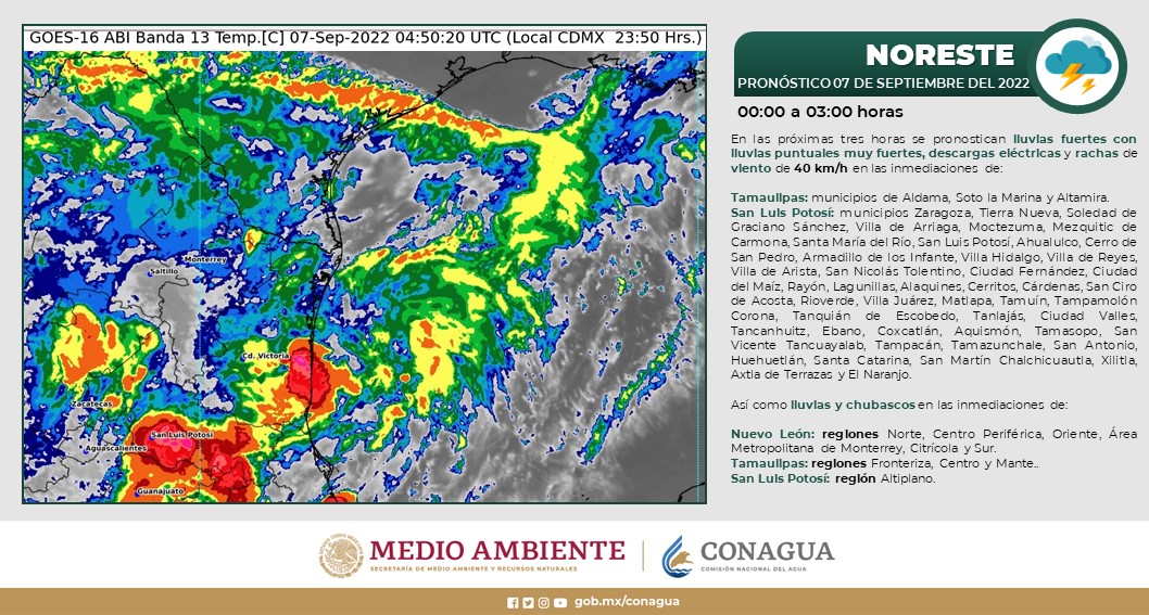 Se pronostican #Lluvias fuertes con #Lluvias puntuales muy fuertes,  #DescargasEléctricas y #Rachas de #Viento de 40 km/h en municipios de #Tamaulipas y #SanLuisPotosí.  Así como #Lluvias y #Chubascos en regiones de #NuevoLeón, #Tamaulipas y #SanLuisPotosí.