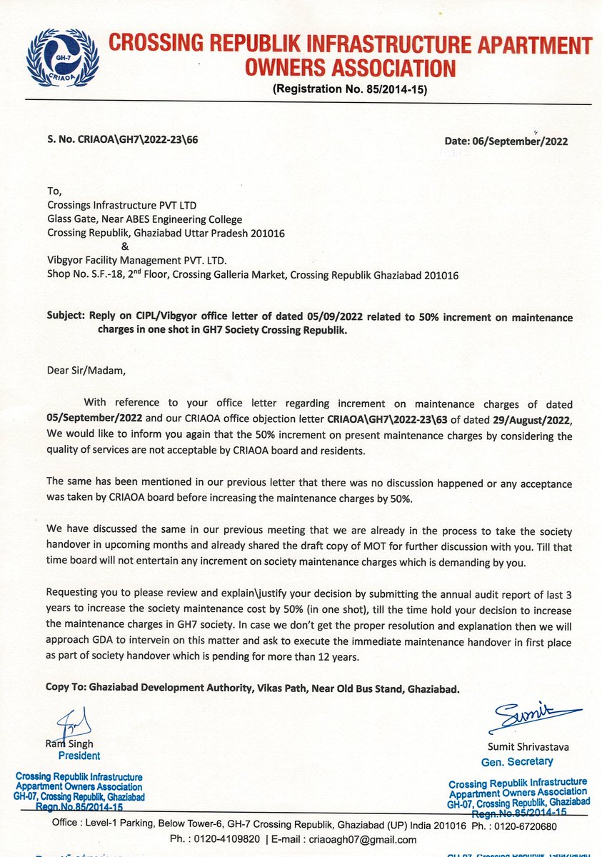criaoagh07's tweet image. @gdagzb बिल्डर द्वारा 50 प्रतिशत मेंटेनेंस चार्ज बढ़ाया जा रहा है।
GH7 सोसाइटी का हैंडओवर 12 वर्षो से अधिक समय से लंबित है, ना सोसाइटी का हैंडओवर किया जा रहा है और ना मेंटेनेंस का।
अगर यह निर्णय वापस नही लिया जाता तो आगामी दिनों में इस निर्णय के विरोध में एओए GDA का रुख करेगी।