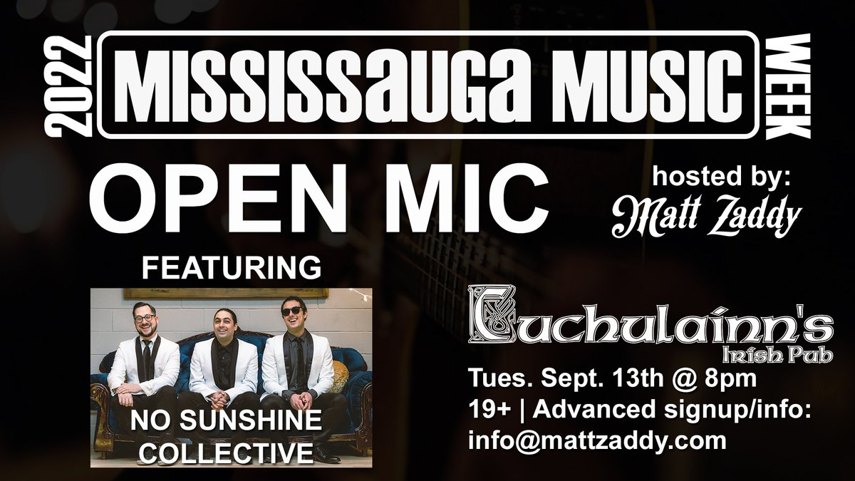 NEXT TUESDAY on SEP 13: Open Mic hosted by <a href="/mattzaddy/">Matt Zaddy</a> featuring #NoSunshineCollective <a href="/CuchulainnsPub/">Cuchulainn's Pub</a>!

FREE ENTRY!
Sign up: info@mattzaddy.com
#MMWeek