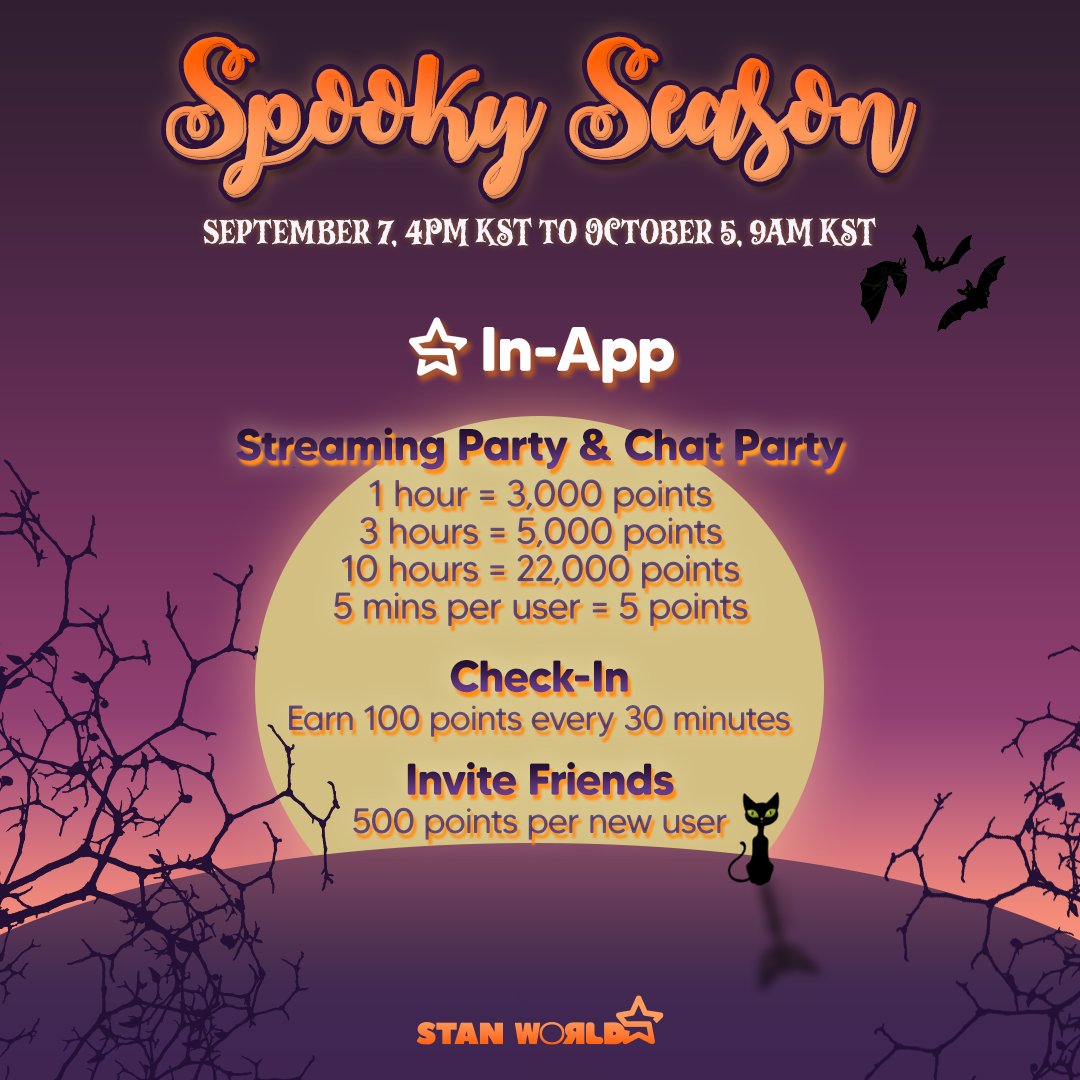 stanworld_twt's tweet photo. [EVENT GUIDELINES 📒]

Hello, Stanners! Here are the Event Guidelines for this event 📓✨ 

Earn as many points as you can by participating in both In App and Twitter activities with your friends! 🪩

Let's party &amp; have fun this Spooky Season! 🎃🐈‍⬛

#StanWorld #SWSpookySeason https://t.co/l3Ppc2AV0k