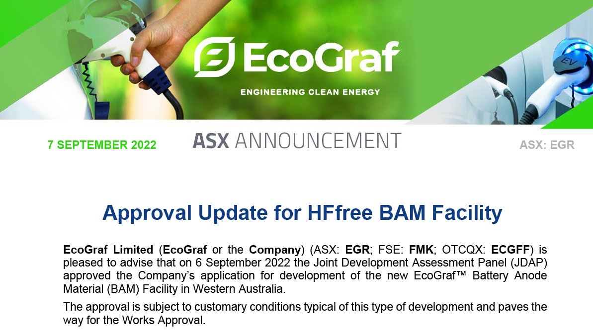Approval Update for HFfree BAM Facility. Read #ASX Announcement: https: bit.ly/3QmgiAo

ASX: $EGR FSE: $FMK OTCQX: $ECGFF