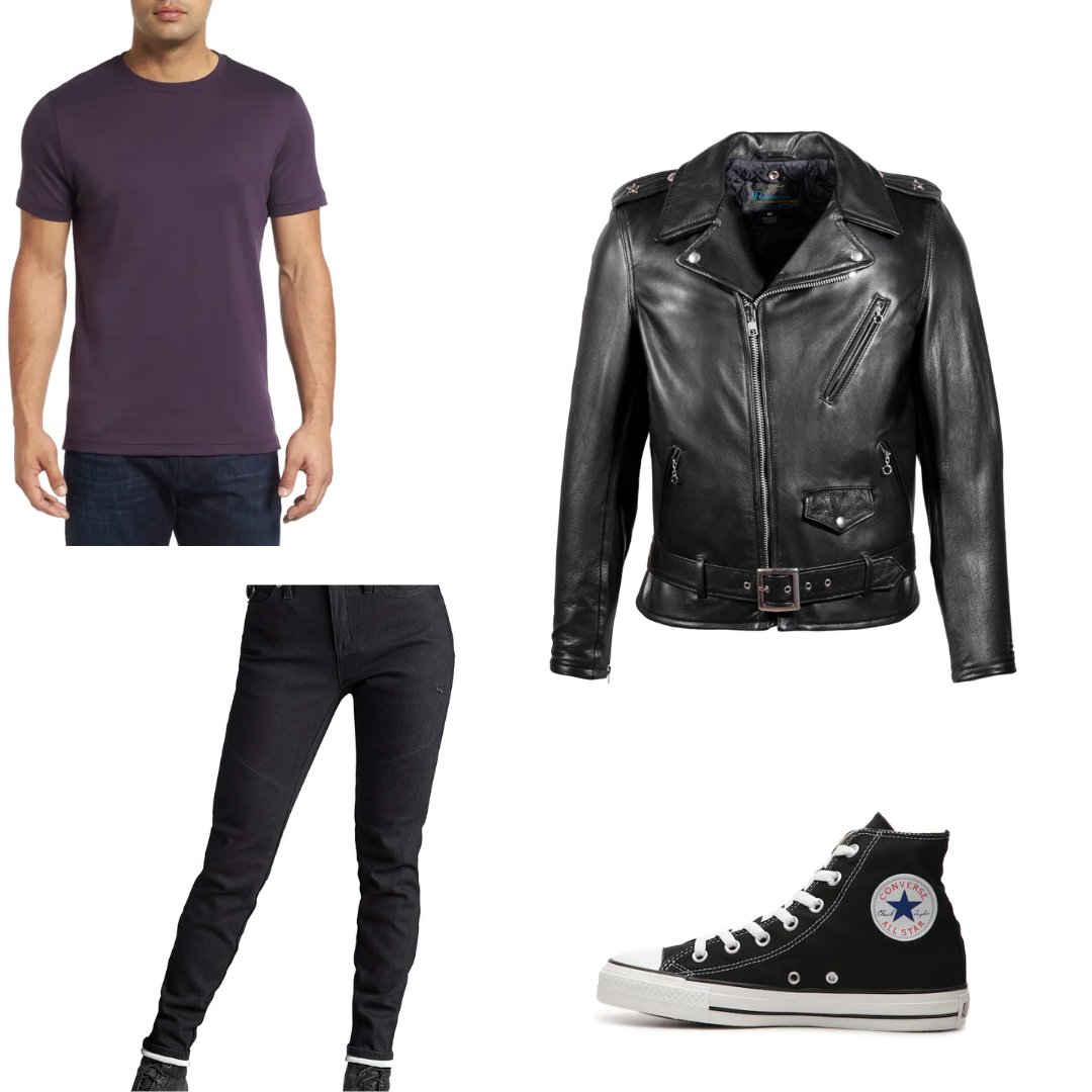 A purple T-shirt, a leather jacket, black jeans, and black converse high tops