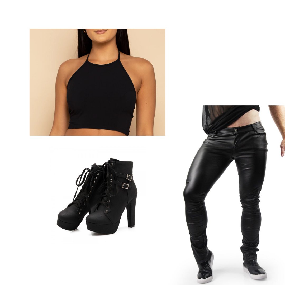 A black cropped halter top, black skinny jeans, and black lace-up heeled boots
