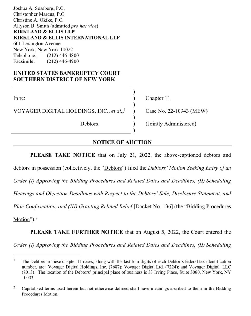 PatrickAckerman's tweet photo. Looks like Voyager will go to auction. Auction takes place in New York on Sept 13th at 10 am EST. Approval of the results will take place Sept 29 at 2 pm. https://t.co/Vc4Nw6ajgn