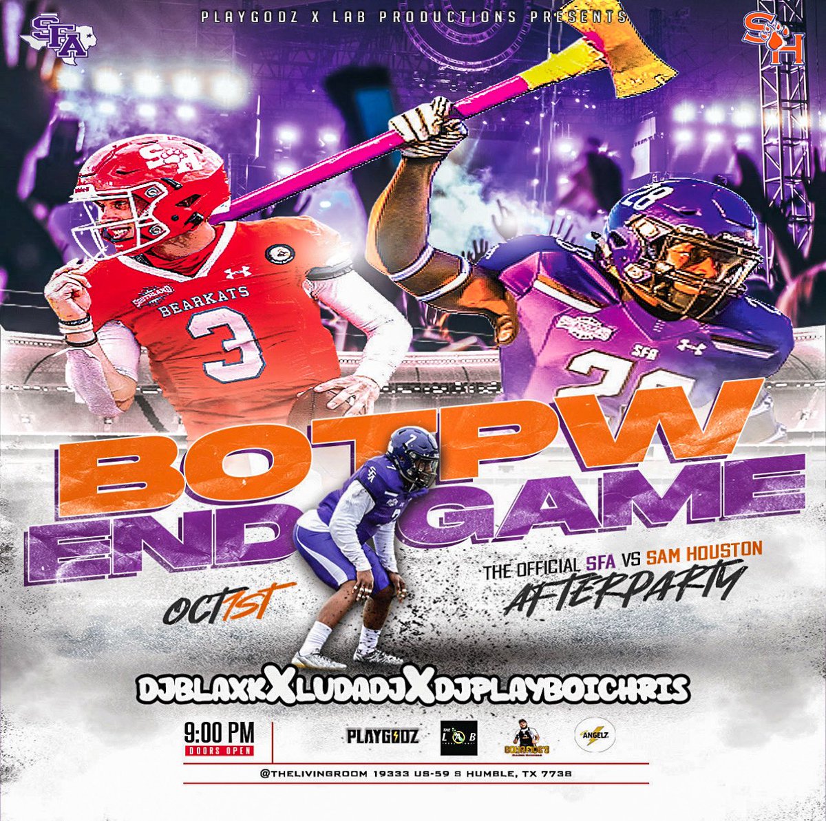 SFA_PlayGodz's tweet photo. October 1st, 2022
#ENDGAME 
The Offical SFA 🪓vs SHSU 🐾AfterParty
The Lab X PlayGodz 🧪⚡️ 
Ya fav DJs in the mix 💿
Location: The Living Room 
Doors Open at 9pm
Hookah and Bottles Sections! 
Book ya section with ya fav Lab member or PlayGod⚡️
 #SHSU #SHSU24 #SHSU25 #SFA #SFA24 https://t.co/CmgVqgYauy