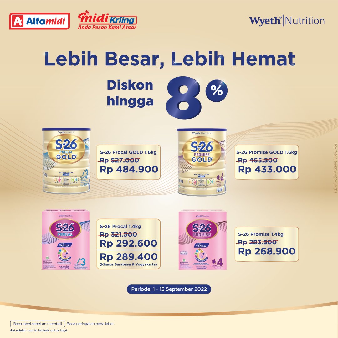 alfamidi_ku's tweet photo. Hi, Moms!
Dapatkan HARGA HEBAT untuk S-26 Procal GOLD 1600gr, S-26 Promise Gold 1600gr, S-26 Procal Nutrissentials 1400gr, dan S-26 Promise Nutrissentials 1400gr special kemasan Big Pack.
#PromoAlfamidi #AlfamidiUntukIndonesia #AyokeAlfamidi #PromoWyeth #promos26gold https://t.co/pc4DvHdUxU