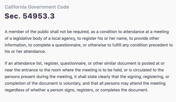 _ovalle1's tweet image. 🧵Hey @LongBeachCity, mayor @RobertGarcia &amp;amp; vm @RexRichardsonLB, why are you in violation of #BrownAct by requiring speakers to sign up prior to speaking?

I wanted to speak during the general comment but the city clerk said “you can’t, you needed to sign up before 5pm” wtf?