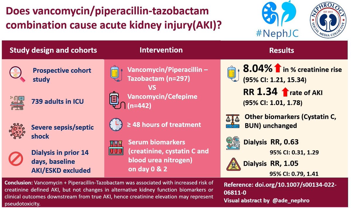 edgarvlermamd's tweet photo. Association of vancomycin ➕ piperacillin-tazobactam w/ early changes in creatinine vs. cystatin C in critically ill adults: a prospective cohort study ca. 2022 #NephJC #Nephpearls #AKIinICU 
#VisualAbstract by @Ade_nephro 

👉 https://t.co/ubZIs5klZb https://t.co/FyQClVGUow