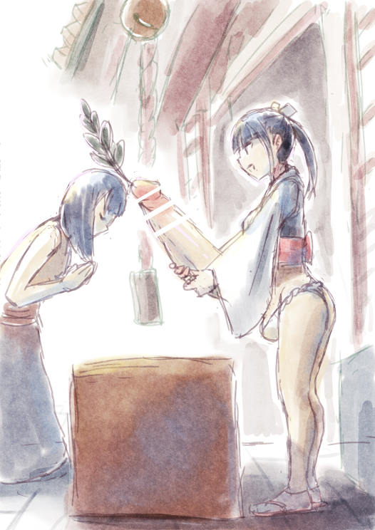 水彩タッチのふたなり巫女さんです。 