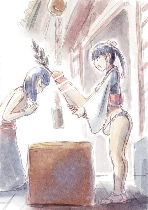 水彩タッチのふたなり巫女さんです。 