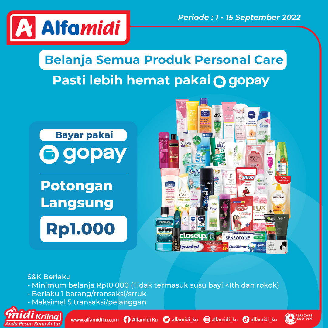alfamidi_ku's tweet photo. Belanja semua produk Personal Care bisa langsung dapat potongan harga dengan Gopay!
Dengan min. belanja Rp10.000 dengan Gopay, kamu bisa langsung dapetin potongan harganya lho^^
Periode promo 1-15 September 2022.
#PromoGopay #AlfamidiUntukIndonesia #Gopaypromo #PromoAlfamidi https://t.co/zQ6lKucOSV