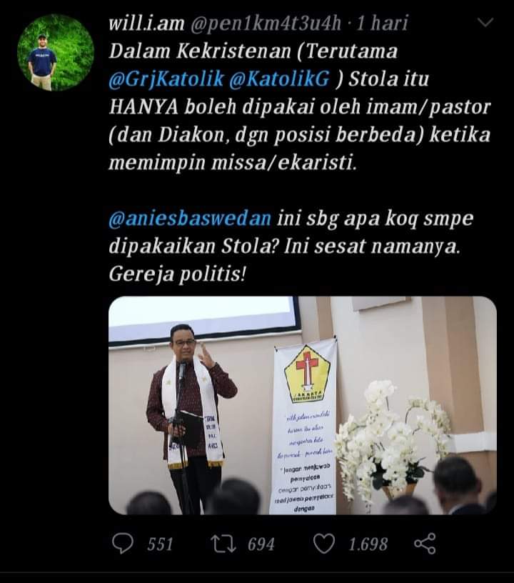 Setelah masjid, kini gereja pun dipolitisasi oleh Anies. Hanya orang-orang dungu yg terseret....