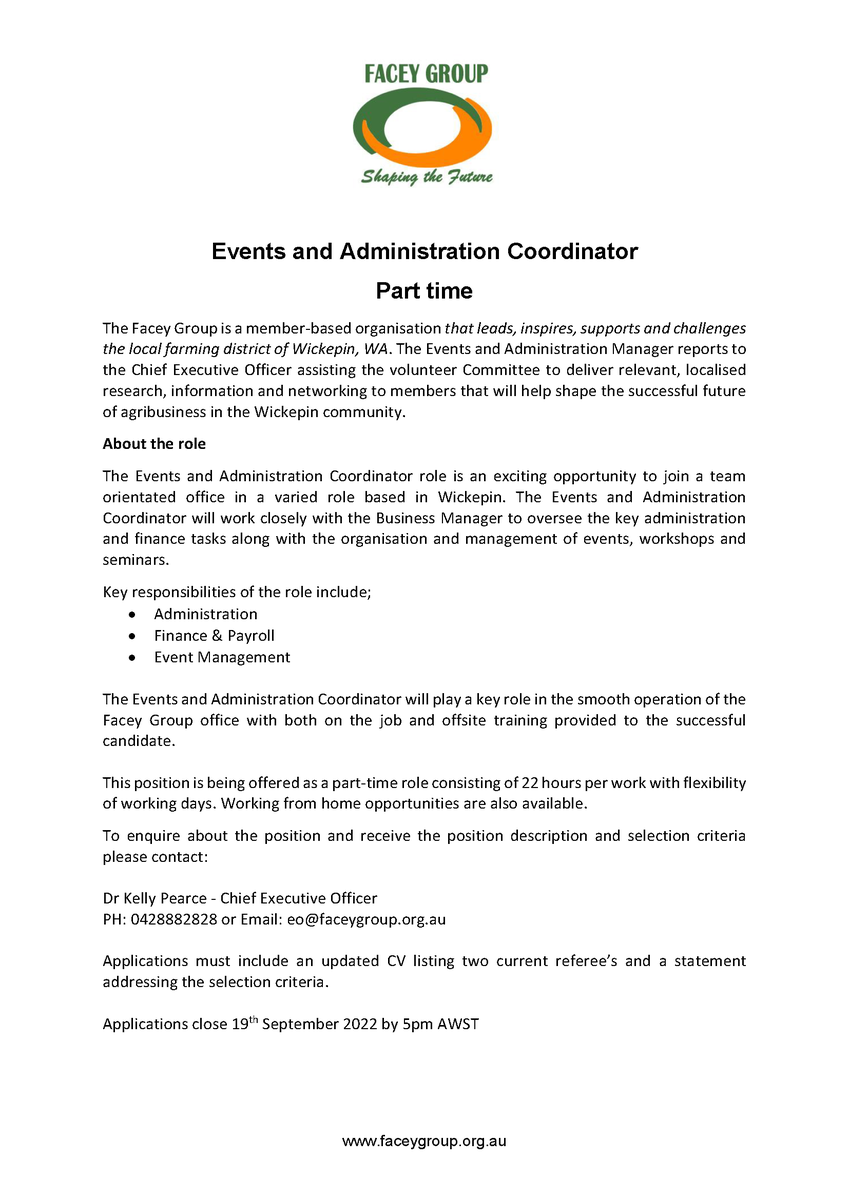 FaceyGroup's tweet photo. An exciting opportunity exists to join the Facey Group team as our Events &amp; Administration Coordinator! 
If you’re interested in joining our dynamic team, please contact our office on 9888 1223
More details on flyer 👇 https://t.co/MiVFn45sw4