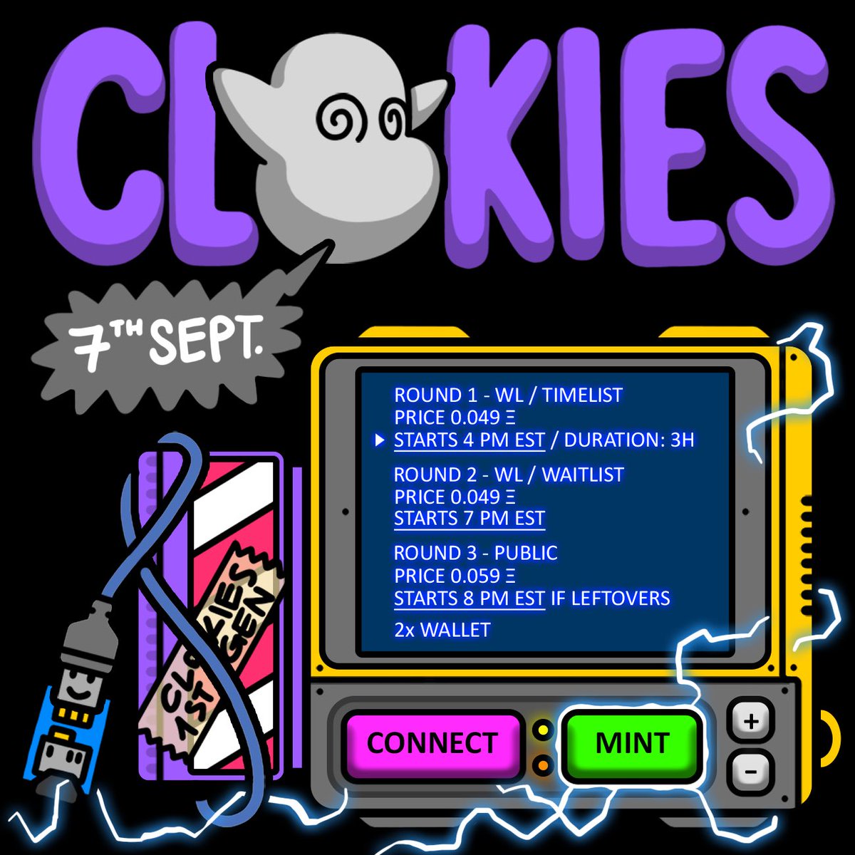 clokiesnft's tweet photo. We've become aware that there will be multiple projects minting at the specific time that we've chosen for our mint, so in order to ensure that everything goes smoothly, we will be pushing back our mint time.

Timelist Mint: 4PM EST

Waitlist: 7PM EST

Public: 8PM EST

Good Luck! https://t.co/mvsFZ74ZTJ
