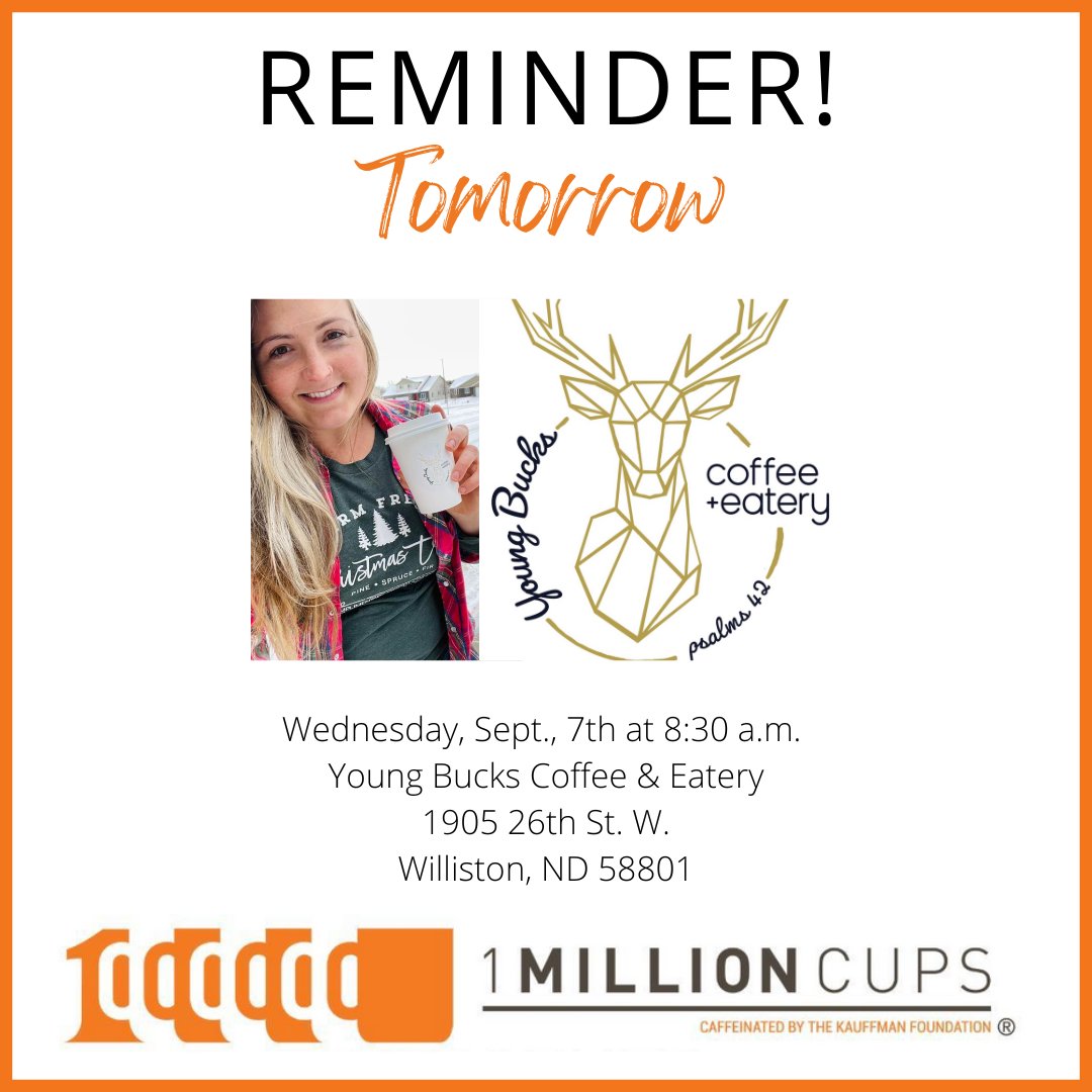 1MillionCupsWST's tweet photo. Have you heard about 1 Million Cups? The purpose of 1MC is to build communities that support entrepreneurs as they start and grow their businesses.
Join us tomorrow at our monthly meeting to learn how a local entrepreneur, wife and mother started a new coffee shop in Williston. https://t.co/ooBvjMQQWn