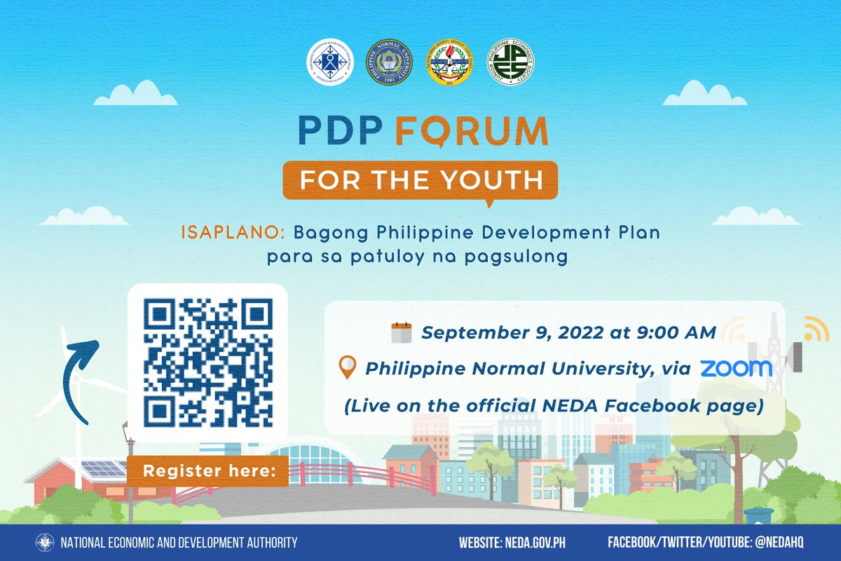 DEPDevgovph's tweet photo. 2 DAYS TO GO!๐ฃ
Scan the QR code or visit https://t.co/SOFhFlOgso to join the first leg of the Philippine Development (PDP) Forum 2022 for the Youth on September 9, 2022 at 9:00 AM.
#PDPForum
#PDPYouth https://t.co/vttU0AdstZ