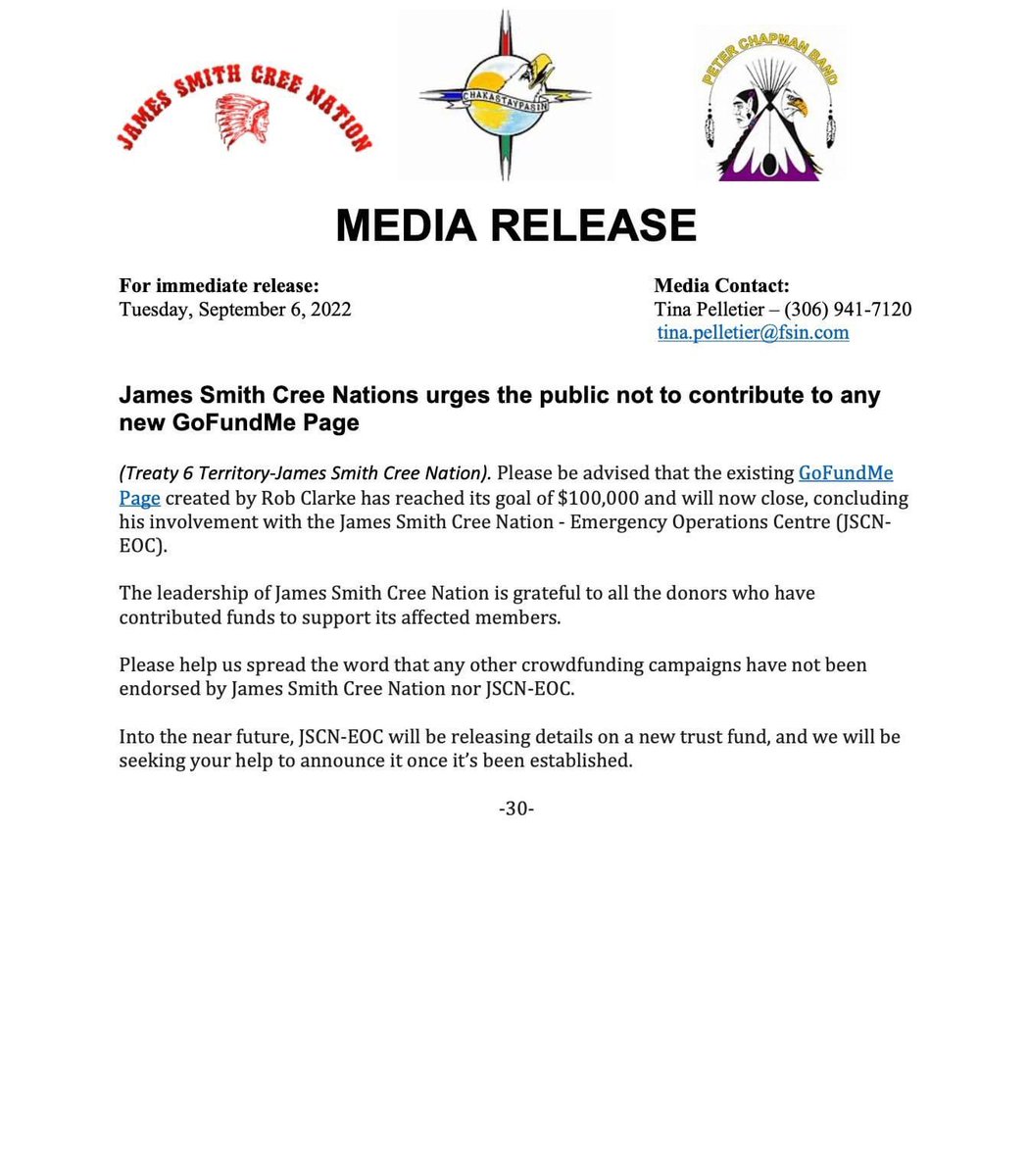 James Smith Cree Nation Urges the Public not to Contribute to Any New GoFundMe Page.