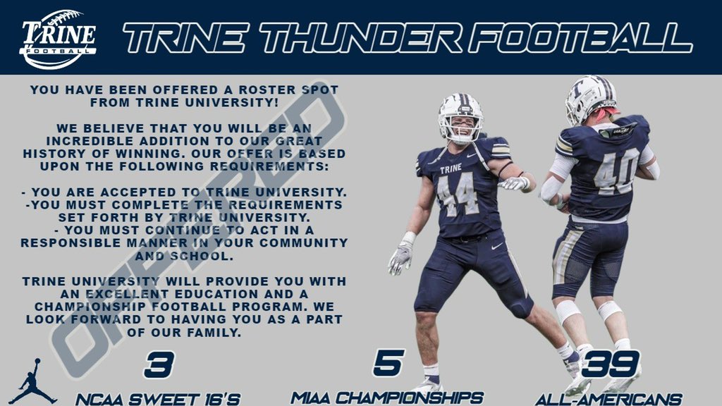 Blessed to receive my 2nd offer from <a href="/TrineThunderFB/">Trine Thunder FB</a> <a href="/CoachAbbs/">Troy Abbs</a> <a href="/Coach_Kleats61/">Neal Simmons</a> <a href="/PSLJagsFootball/">PSL Jaguars Football</a> <a href="/CoachChrisDent/">Coach Chris Dent</a> <a href="/CoachV_DeAguila/">Vinnie DeAguila</a>