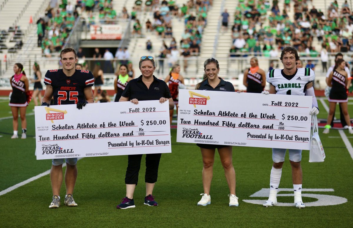 Congratulations to your In-N-Out Scholar Athletes of the week, Logan Anderson of <a href="/CarrollDragonFB/">Southlake Carroll Football</a> and Brandon Benoist of <a href="/MarcusFootball/">Marcus Football</a>! Both student athletes will receive a $250 scholarship to the college of their choice, courtesy of #InNOut! 

texasfootball.com/scholar-athlet…
