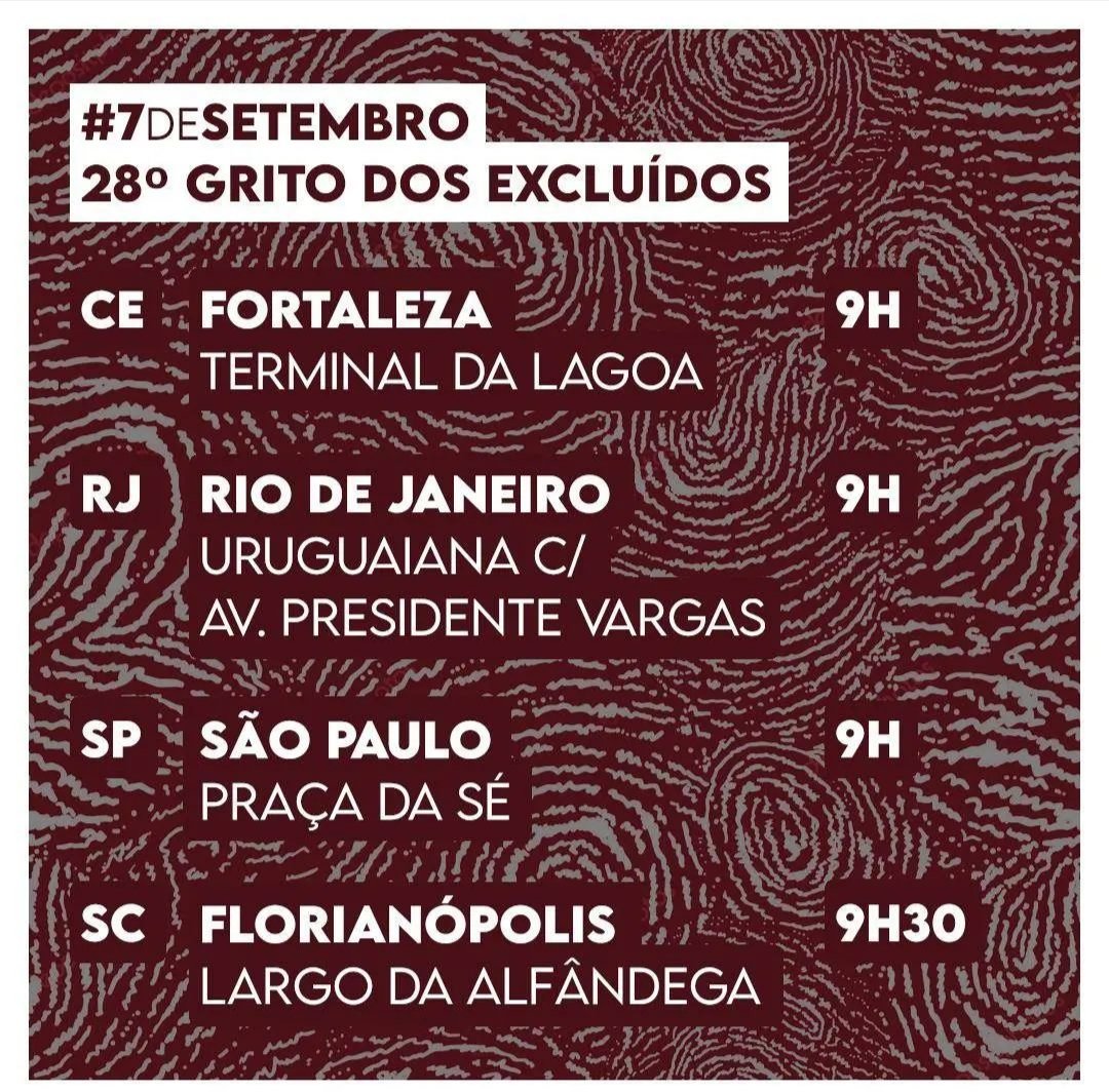 LUTAFOB's tweet photo. #fob #gritodosexcluidos #sigasc #sigarj #sigasp #sigace #7desetembro
Fortaleza 9h Terminal da Lagoa
Rio de Janeiro 9h - Uruguaiana
Nova Friburgo - RJ 15h - Paissandu
São Paulo - Praça da Sé - 9h
Florianópolis - Largo da Alfândega - 9h30 https://t.co/tXmonTljDy