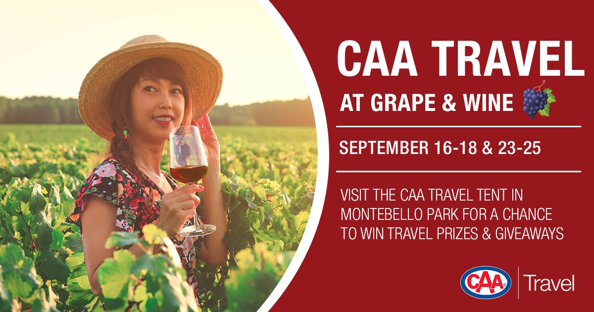 Join <a href="/CAANiagara/">CAA Niagara</a> Travel as the Niagara Grape &amp; Wine Festival makes its much-anticipated
return. Stop by the CAA Travel Tent to speak to a CAA Niagara Travel Agent about your next getaway or a representative from one of CAA’s trusted travel suppliers.