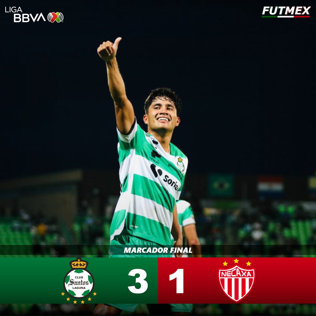 🕛 FINAL | #Santos 3-1 #Necaxa 

⚽️ Juan Brunetta 45+1
⚽️ Diego Medina 57'
⚽️ Alexis Peña 78'
⚽️ Leo Suárez 95'

Los laguneros vuelven a sumar otro triunfo en casa para posicionarse de sublíderes. Necaxa queda 7° con seis derrotas.