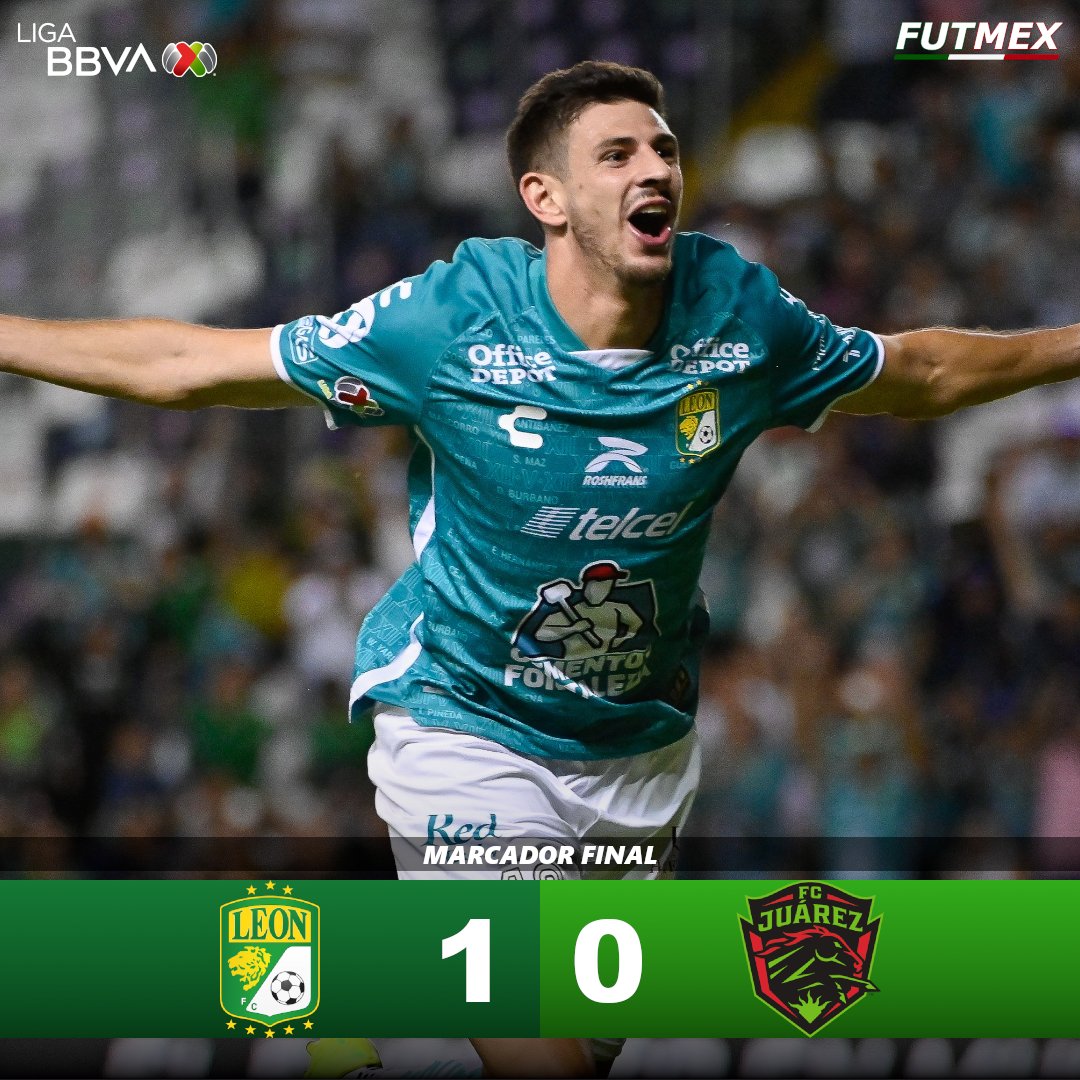 🕛 FINAL | #León 1-0 #Juárez 

⚽️ Lucas Di Yorio 75'
🟥 Víctor Dávila 70'
🟥 Alberto Acosta 42'

Los esmeraldas suman tres puntos que le devuelven el aire a Paiva, de momento están en reclasificación 11°. Bravos sigue bajando y es 13°.