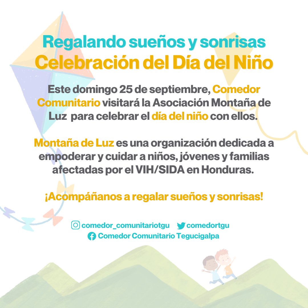 ComedorTgu's tweet photo. Nos estamos preparando para nuestra actividad del día del niño el 25 de septiembre con los niños de Montaña de Luz🤍✨

Pueden donar juguetes, productos de higiene personal, galletas, jugos, piñatas y cualquier otro insumo para que los niños disfruten de la celebración🤩 https://t.co/nreCMVwXl6