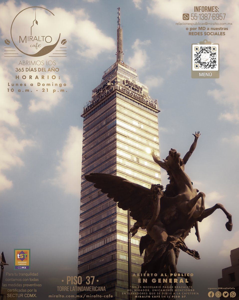 MiraltoCafe's tweet photo. En el PISO 37📍 del edificio más famoso de la #CDMX🇲🇽: La #TorreLatino, se encuentra #MiraltoCafé🟤☕. Una opción para tomarte un #Cafecito☕️ #EnLasAlturas☁️ mientras te deleitas con #LaMejorVistaDeLACiudad🤩!
Además encontrarás #Alimentos🧀, #bebidas🥤, #Snacks🍟 y #postres 🍰! https://t.co/v2p7InglSs