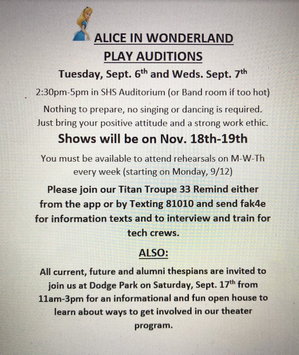 titantheater's tweet photo. Day one of Alice auditions ✅

Now we are on to our second and final day!!!!!!!! If you couldn’t make it today do not hesitate to come in tomorrow. It’s going to be a amazing show I can wait to see you all tomorrow:) https://t.co/e4A2tJuUzG