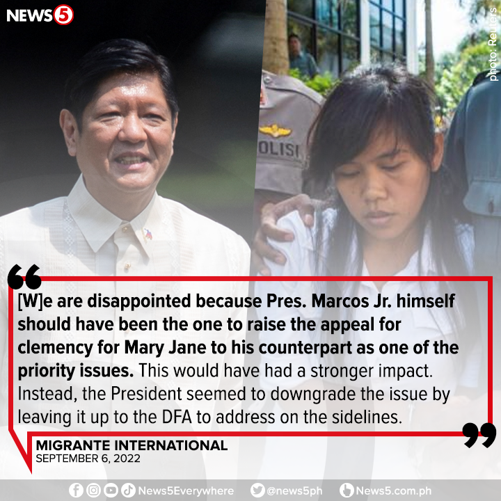 News5PH's tweet photo. "WE ARE DISAPPOINTED"

Dismayado ang Migrante International kay Pres. Bongbong Marcos dahil sa halip na siya ang humingi ng executive clemency para kay Pinay overseas worker Mary Jane Veloso na nasa death row ngayon sa Indonesia... https://t.co/Z6YZicVuaB