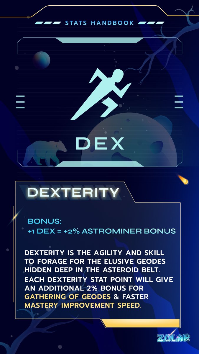 zolarnft's tweet photo. 🧾STATS HANDBOOK: DEXTERITY🧾
Dexterity is the key Stat for #Astrominers - the dauntless hunters of the galaxy 👩🚀
In #ZolarMission2, this Stat adds a great boost to:
✅ Resource Gathering Speed (Astrominers)
✅ Mastery Improvement Speed (Astrominers)
❌ #Metazoa Levelling Speed https://t.co/2kYtCeXtc7