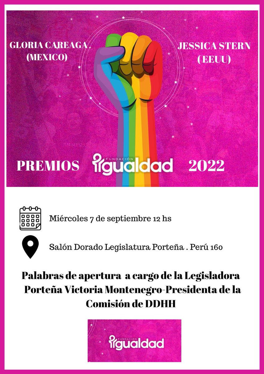 FundIgualdad's tweet photo. El acto de entrega de la segunda edición del #PREMIOSIGUALDAD 2022 se realizará en la Ciudad Autónoma de Buenos Aires @gcba, el miércoles 7 de septiembre a las 12 hs. en el salón Dorado de la Legislatura Porteña @LegisCABA.
#Premios #Igualdad #JessicaStern #GloriaCareaga https://t.co/JZ1tT4gVzF