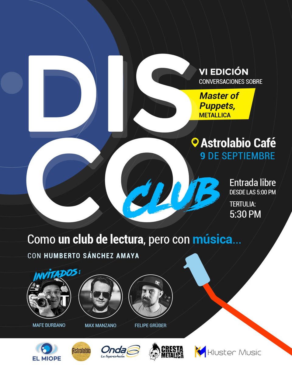 Llegó el día del metal en Disco Club. Es el momento de hablar sobre uno de los mejores discos del género: Master of Puppets, de <a href="/Metallica/">Metallica</a>.

Para conversar sobre está obra conmigo estarán <a href="/mafe_burgonz/">Mafe</a>, <a href="/maxmanzano/">Max Manzano</a> y <a href="/FelipeGruber/">Felipe Grüber</a>.

Nos vemos más tarde en <a href="/Astrolabiocafe/">Astrolabio Cultural</a>.