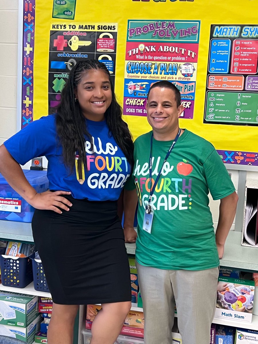 Mr. Bennington and Ms. Riddick welcomed their new fourth grade students on the first day with matching T-shirts! #firstdaypway