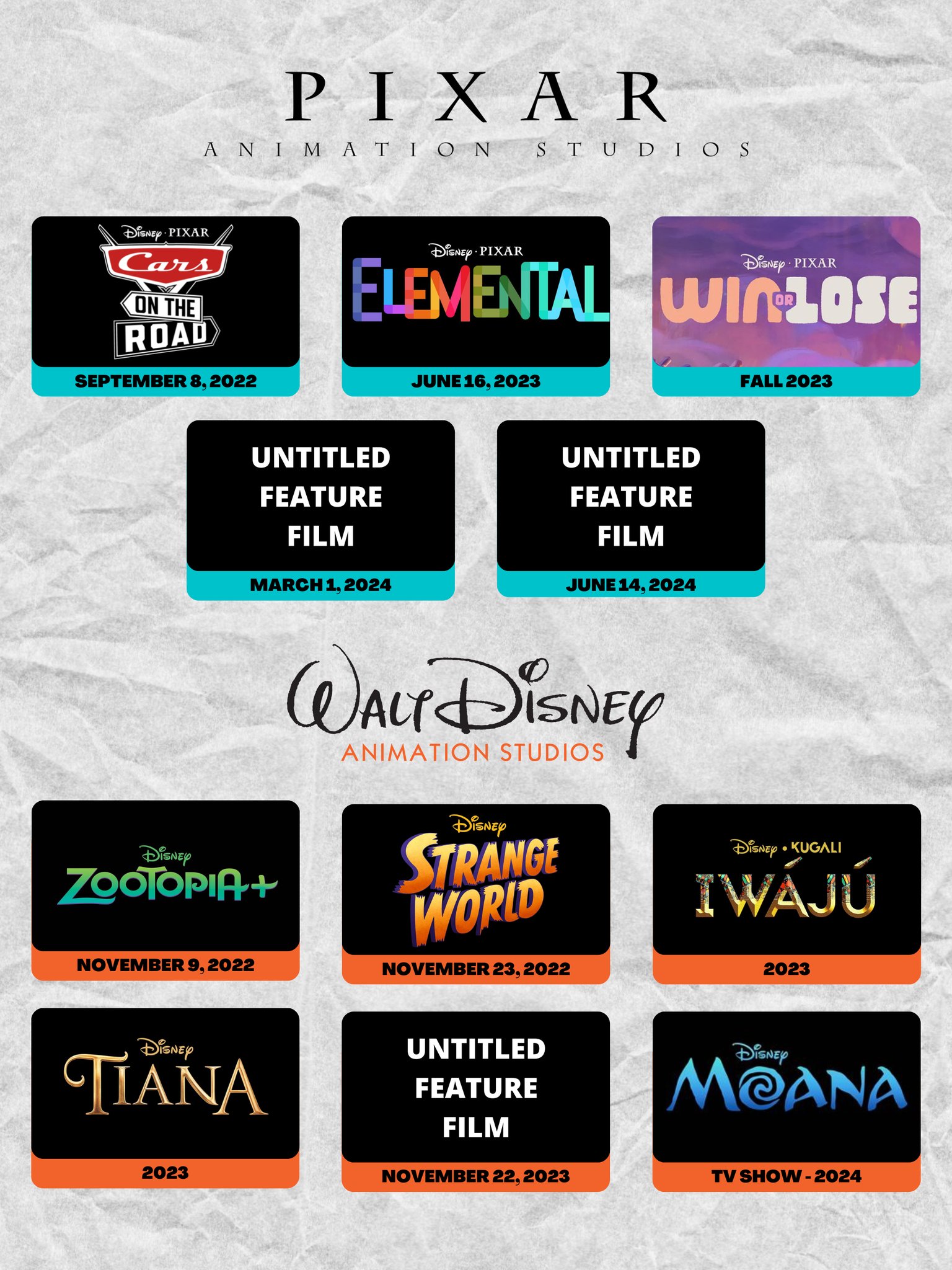 Disney Animation Promos on X: Upcoming slate of films and TV shows for  Pixar and Walt Disney Animation Studios to date. What are your predictions  for D23 Expo and Disney+ Day? 👀