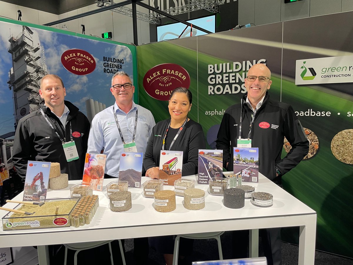 AlexFraserGroup's tweet photo. The energy and enthusiasm for ‘Building Greener Roads' is off the charts here at the ecologiQ Greener Infrastructure Conference by @roadprojectsvic at @MCEC.

Come and see the Alex Fraser team at stand 17 and we’ll help you smash your sustainability targets on your next project. https://t.co/iqrjWnsJMJ