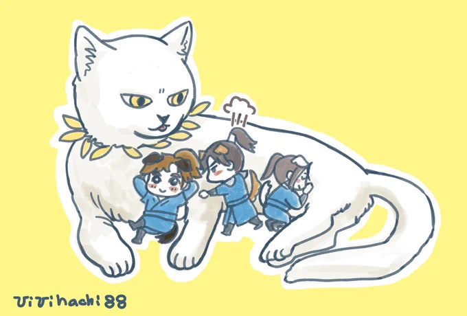 DAY3「Sisheng Peak Day」three puppies and their white cat shizun #MURAMURAWEEK #2haFest 二哈沼ミニキャラお上手なかた沢山で描いてみたくなったrkgk 