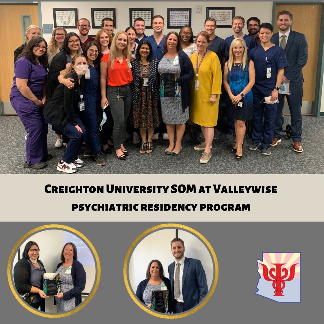 AzPsychSociety's tweet photo. Thanks to Creighton SOM at Valleywise Psychiatric Residency Program for 100% Club status, and congrats to Dr. Beth Darling, recipient of 2022 Howard E. Wulsin Excellence in Education award (presented by RFM Rep Dr. Reema Chopra and APS President Dr. Stephen Mecham). #psychiatry https://t.co/XO4naMPExS