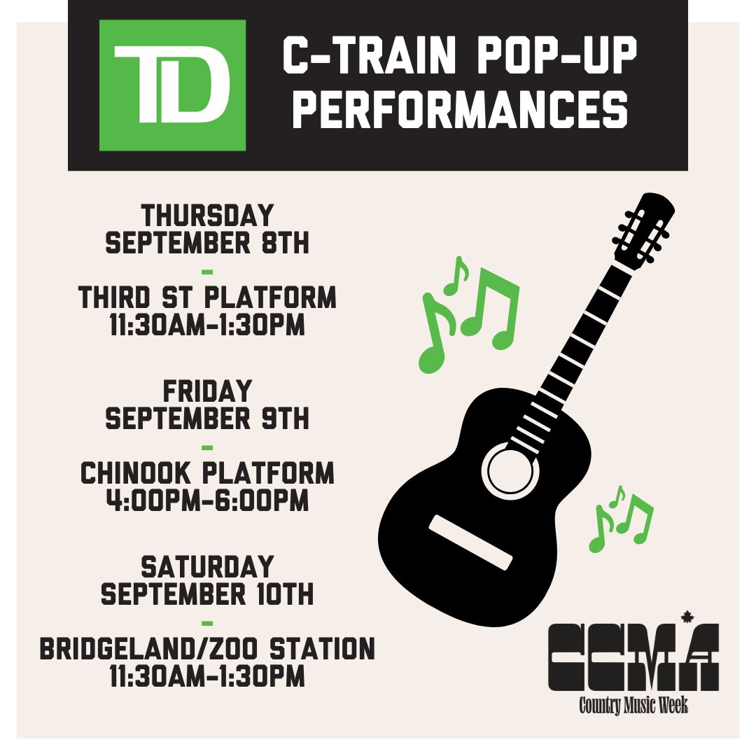 Get excited for the <a href="/TD_Canada/">TD (Canada)</a> C-Train Pop-Up Performances during Country Music Week 2022!

Featuring performances from @paigepenney, Krissy Feniak, Jon Martin, Colton O'Reilly, Steve Jevne and @crystalmcgrath

#TDCanada #CCMAs #CCMAAwards