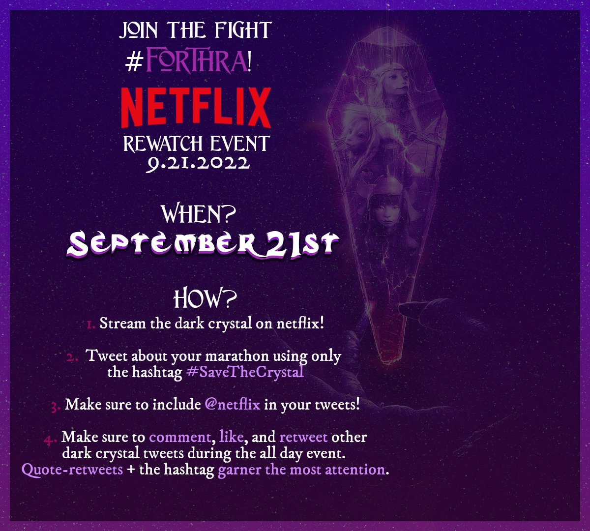 SaveTheCrystal's tweet photo. September 21st will mark 1 year and 11 months since @netflix pulled the plug on the emmy-award winning series #TheDarkCrystal. 

If you have a netflix subscription, stream the 10 episode series that day and follow these guidelines to make the biggest impact!

#SaveTheCrystal https://t.co/Q1FJBXlsYT