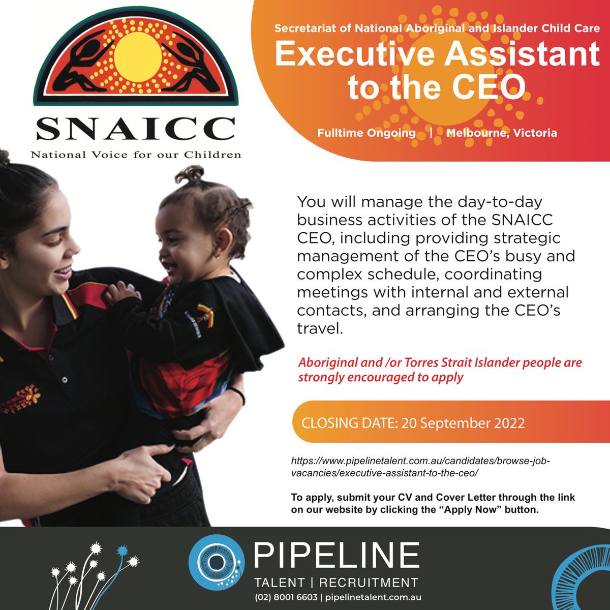 Work for the fulfilment of the rights of our children, to ensure their safety, development, and wellbeing under this rewarding role!

For more information visit:
ow.ly/L0iE50KwgTW

To apply, please email your CV and cover letter to: jobs@pipelinetalent.com.au