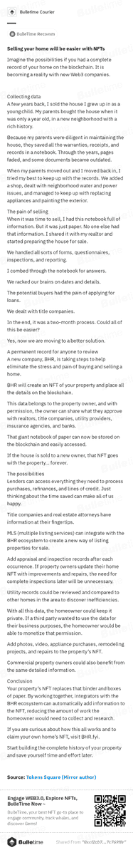 bulletimexyz's tweet photo. 🔔BulleTime Recommendations - NFT Topic Worth Reading 🔔

 🏘️Did you know that NFT could make the process of selling a house easier? 
👀Check out this passage to discover it!
🔗 https://t.co/SCIiRo7VG8

#NFT #House #UseNFT https://t.co/OXIZy6AZ8s